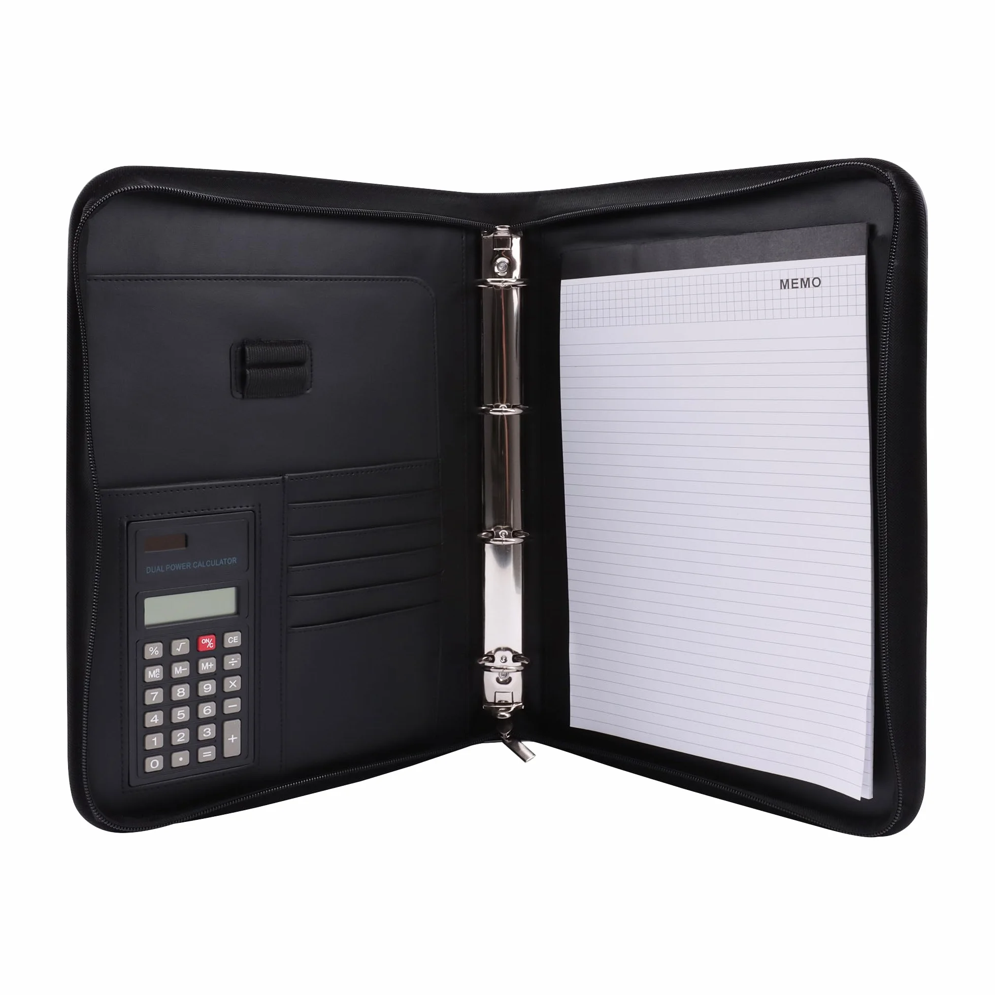 Genie Porte-documents A4 avec classeur et calculatrice intégrés, plastique résistant aspect cuir, Noir