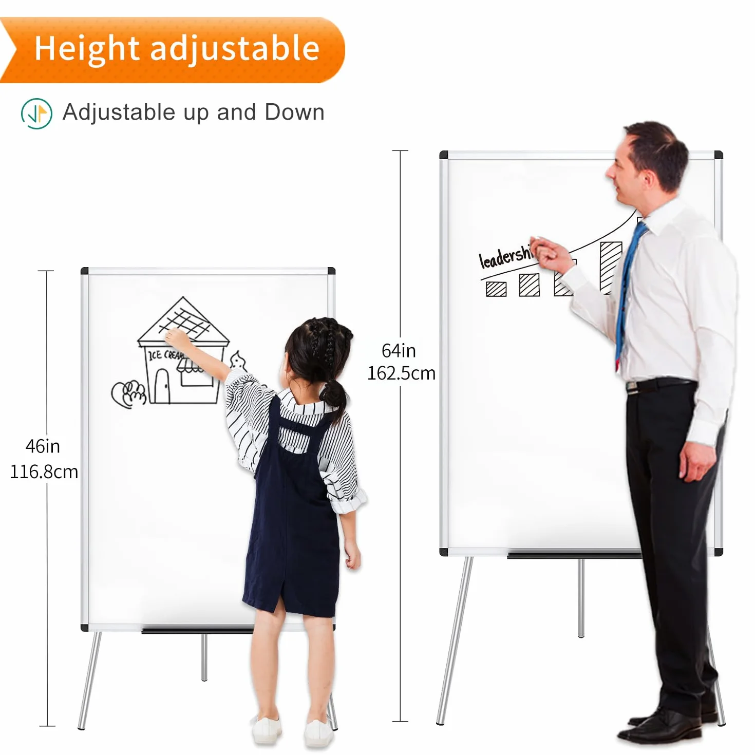 VIZ-PRO Chevalet de conférence - Tableau Blanc Effaçable & Magnétique - Réglable en hauteur & usage flexible, 90 x 60 cm