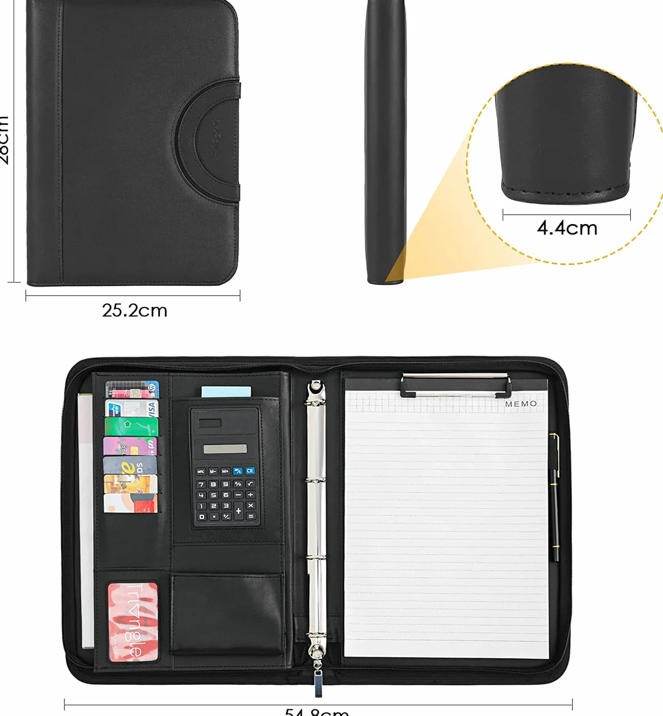 Porte-Document A4 Cuir avec Fermeture Éclair Étanche Classeur à Anneaux Noir