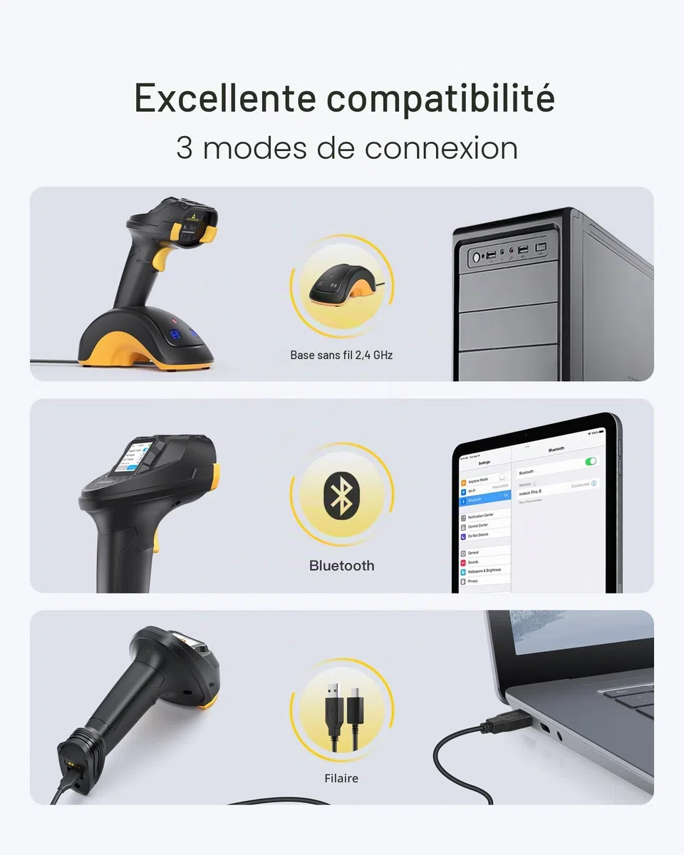 Inateck Scanner de Code-Barres Bluetooth, Scanner 2D 1D sans Fil, Scanner de Code QR, avec Écran Tactile et Base Intelligente, Modules Doubles CMOS+CCD, Supporte App SDK,Pro 8