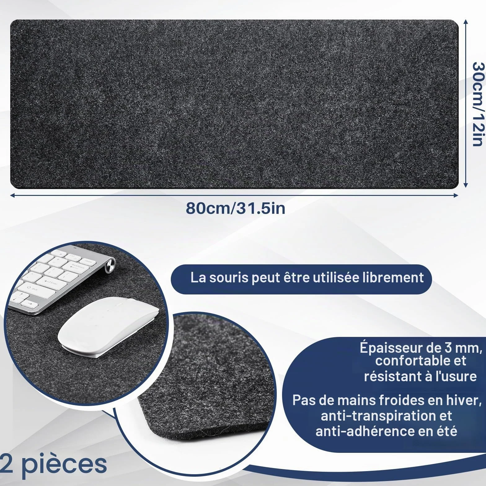 Panelee 2 Paquets 80x30 cm Grands Sous-Mains en Feutre Tapis de Bureau Antidérapants Protecteurs Ordinateur Souris Clavier Gris Foncé