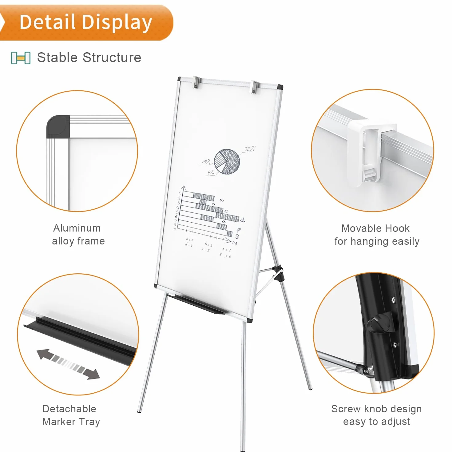 VIZ-PRO Chevalet de conférence - Tableau Blanc Effaçable & Magnétique - Réglable en hauteur & usage flexible, 90 x 60 cm