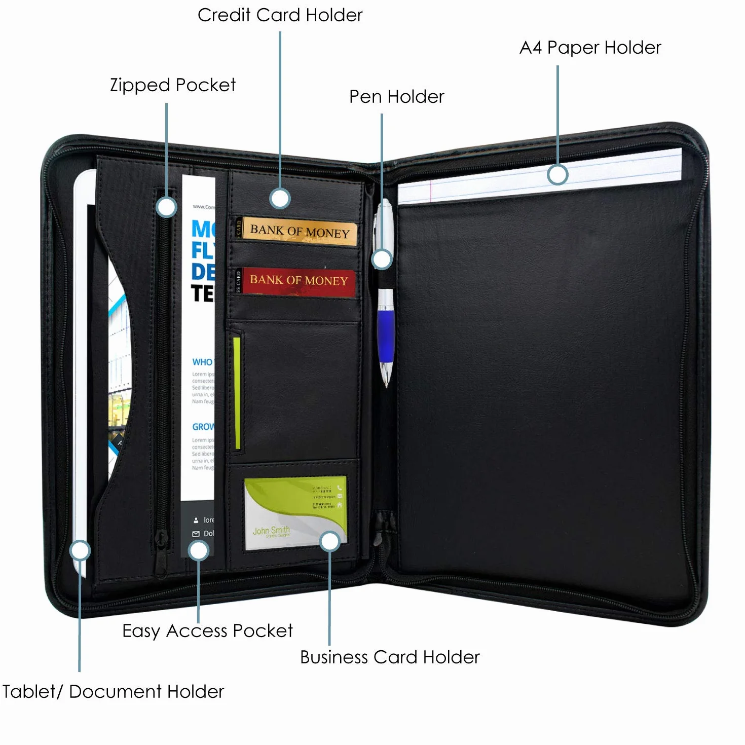 Organisateur de fichiers extensible 25 compartiments A4 zippé simili cuir noir