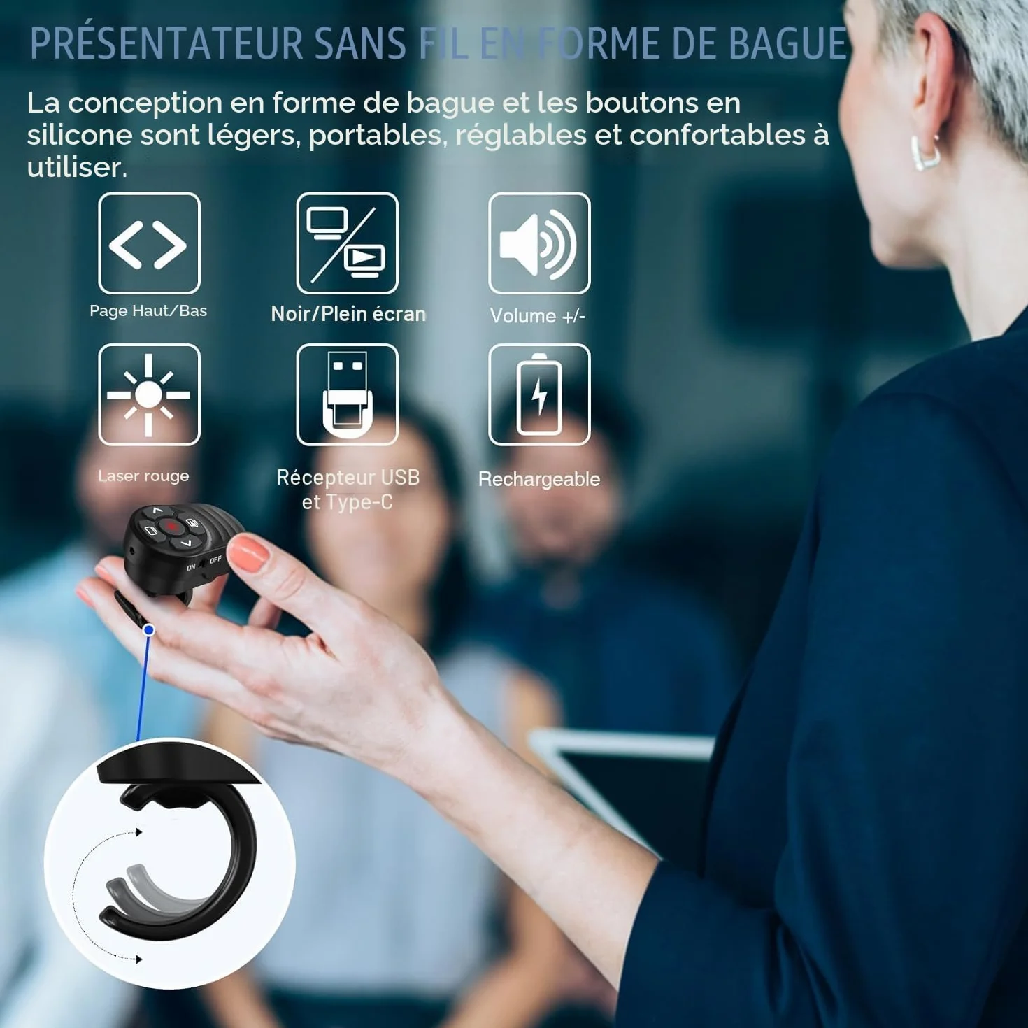 Anneau de Doigt Telecommande Powerpoint Rechargeable Pointeur Presentation USB Type-C 2 en 1 PPT Zapette Wireless Presenter Sans Fils pour Mac iPad PC Portable