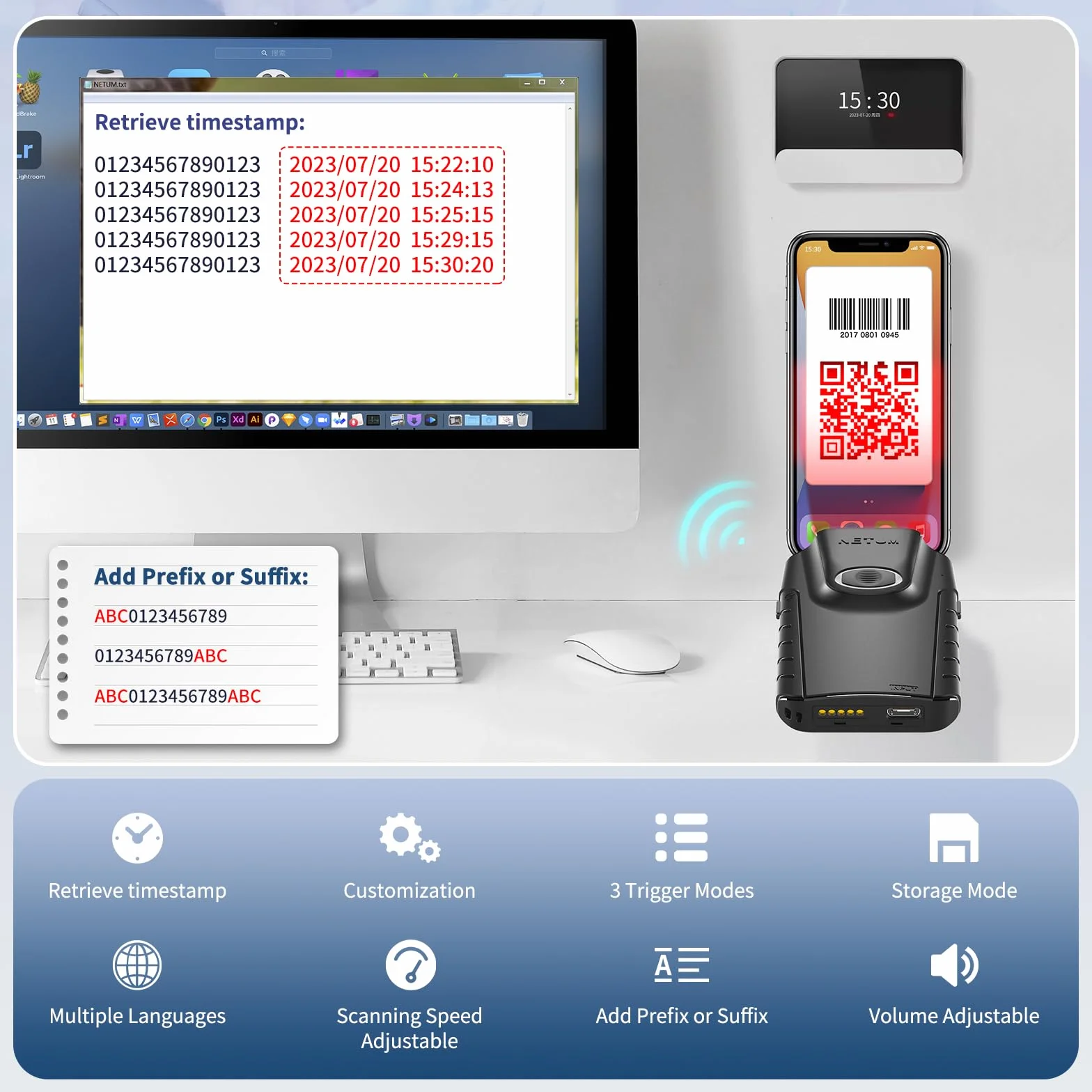 NETUM Bluetooth 2D Barcode Scanner, 3-in-1 Small Portable QR Bar Code Reader Automatic Wireless Gun Scan Back Clip Work with Tablet iOS Android Windows MacOS for Warehouse Inventory POS