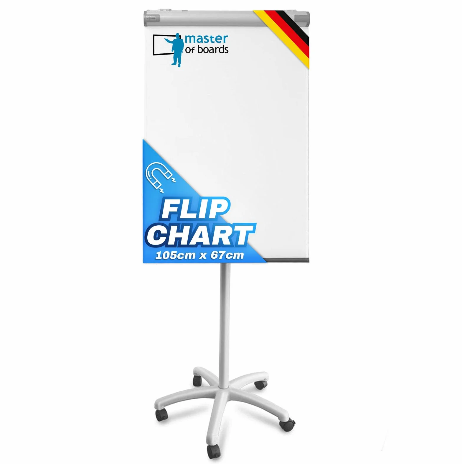 Master of Boards - Flipchart support 73 x 104 cm - Piranha Pro - Réglable hauteur jusqu'à 210 cm, inscriptible, effaçable à sec, magnétique - Équipement ideal pour le bureau, l'école ou la maison