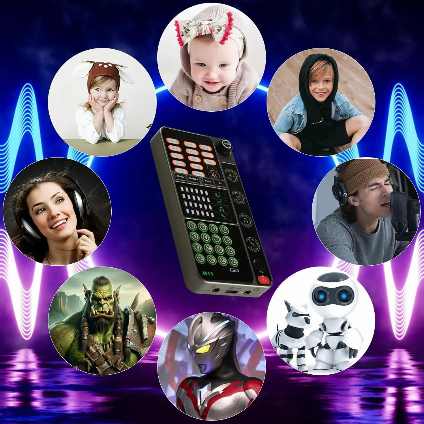Flylin Changeur de voix portable microphone modulateur 16 effets sonores enregistrement jeu