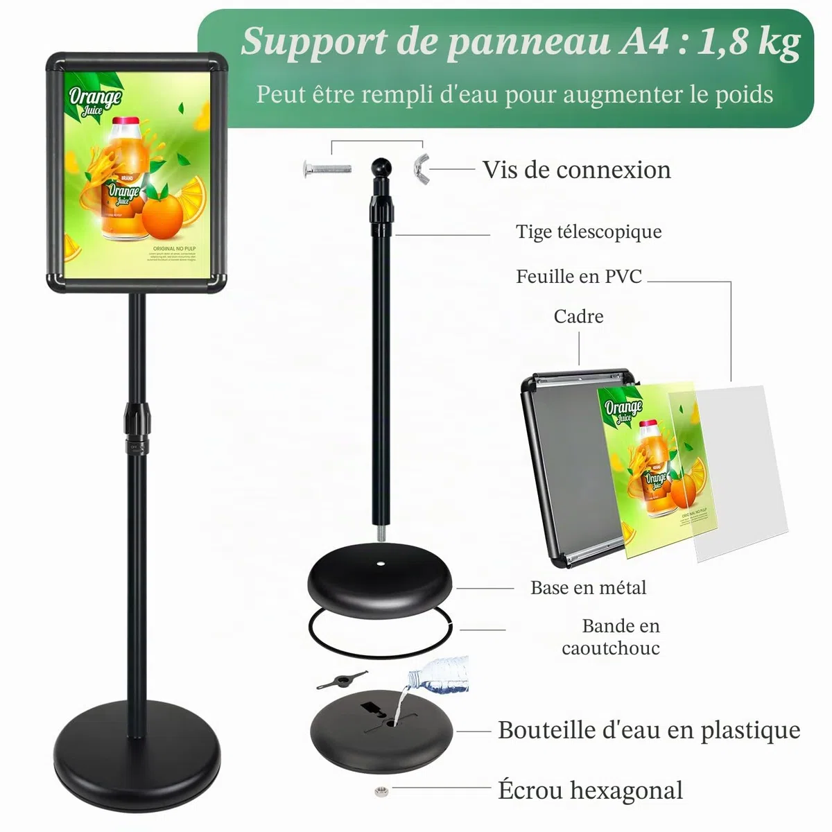 Lot de 6 Porte affiche A4 porte affiche sur pied, supports de panneau A4 porte menu restaurant avec cadre pression et support publicitaire pour présentation/publicité/ventes d'affichage (Noir)