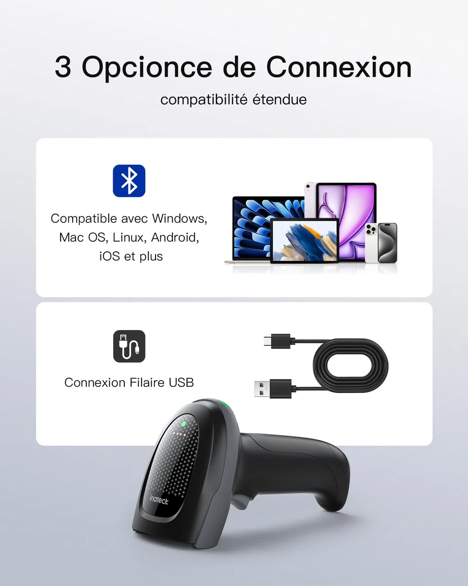 Inateck Lecteur Code Barre sans Fil 2D QR avec Deux Batteries Remplaçables de 2000 mAh, PDF 417 Douchette Code Barre avec Base de Charge, Bluetooth et Filaire USB, pour l'entreposage et la logistique