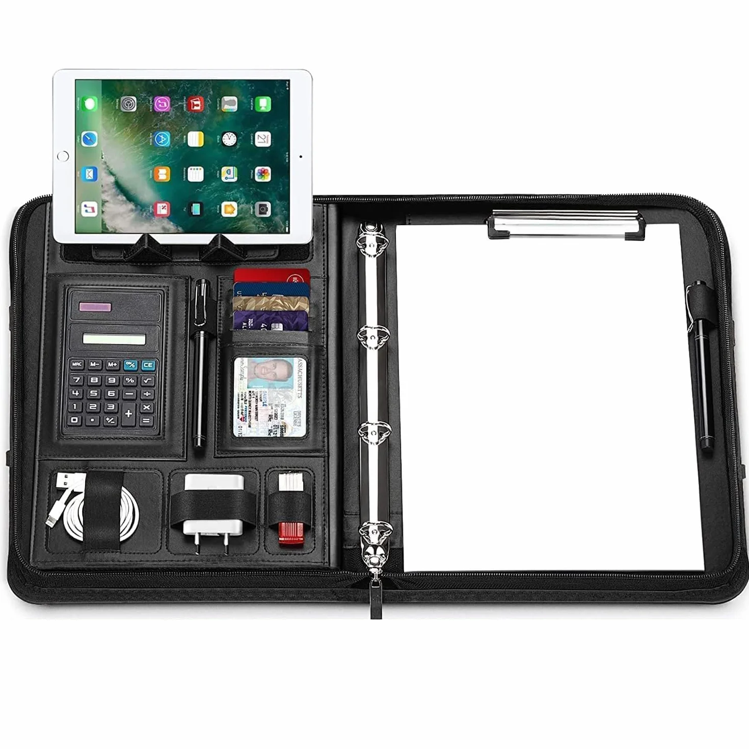 WONSEFOO Porte-documents A4 avec anneaux en cuir, grands compartiments, poignées magnétiques pliables, support tablette smartphone, 5 compartiments cartes