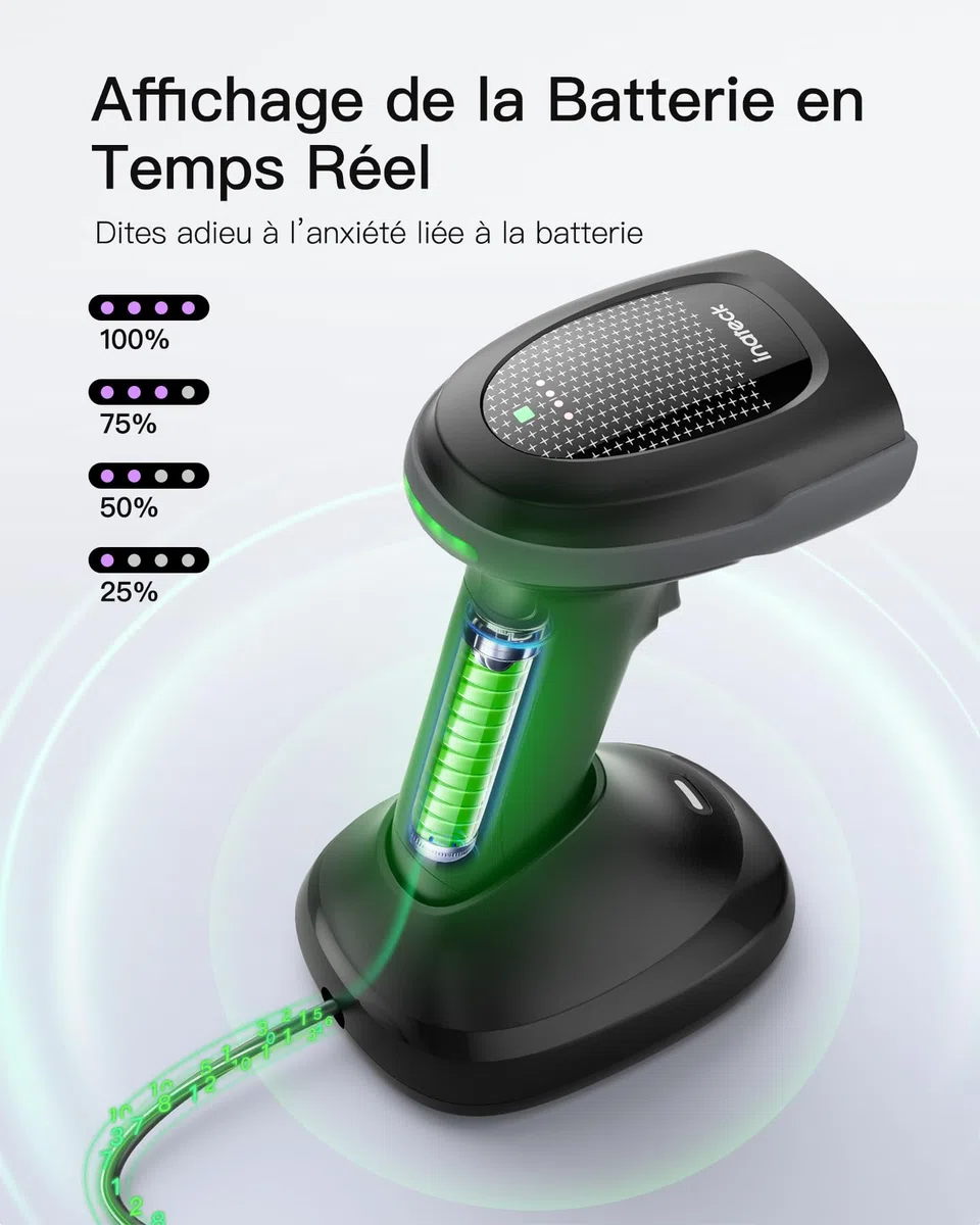 Inateck Lecteur Code Barre sans Fil 2D QR avec Deux Batteries Remplaçables de 2000 mAh, PDF 417 Douchette Code Barre avec Base de Charge, Bluetooth et Filaire USB, pour l'entreposage et la logistique