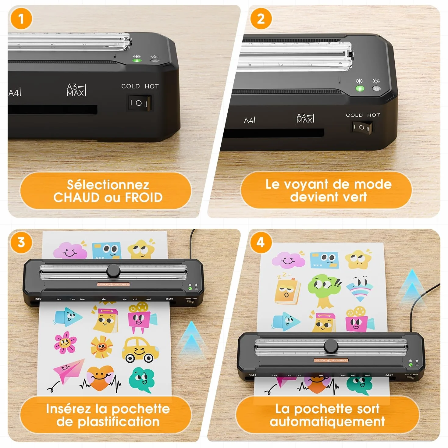 Crenova Plastifieuse A3, Chauffe rapide, Modes chaud et froid, avec 10 pochettes et arrondisseur d'angles, noir