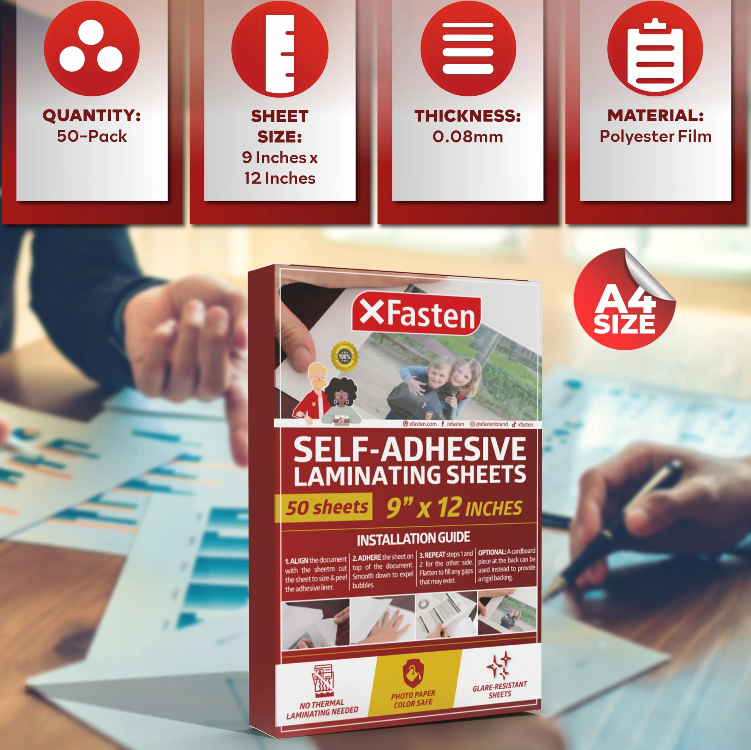 XFasten Feuilles de plastification auto-adhésives 9 x 12 pouces paquet de 50 épaisseur 4.76