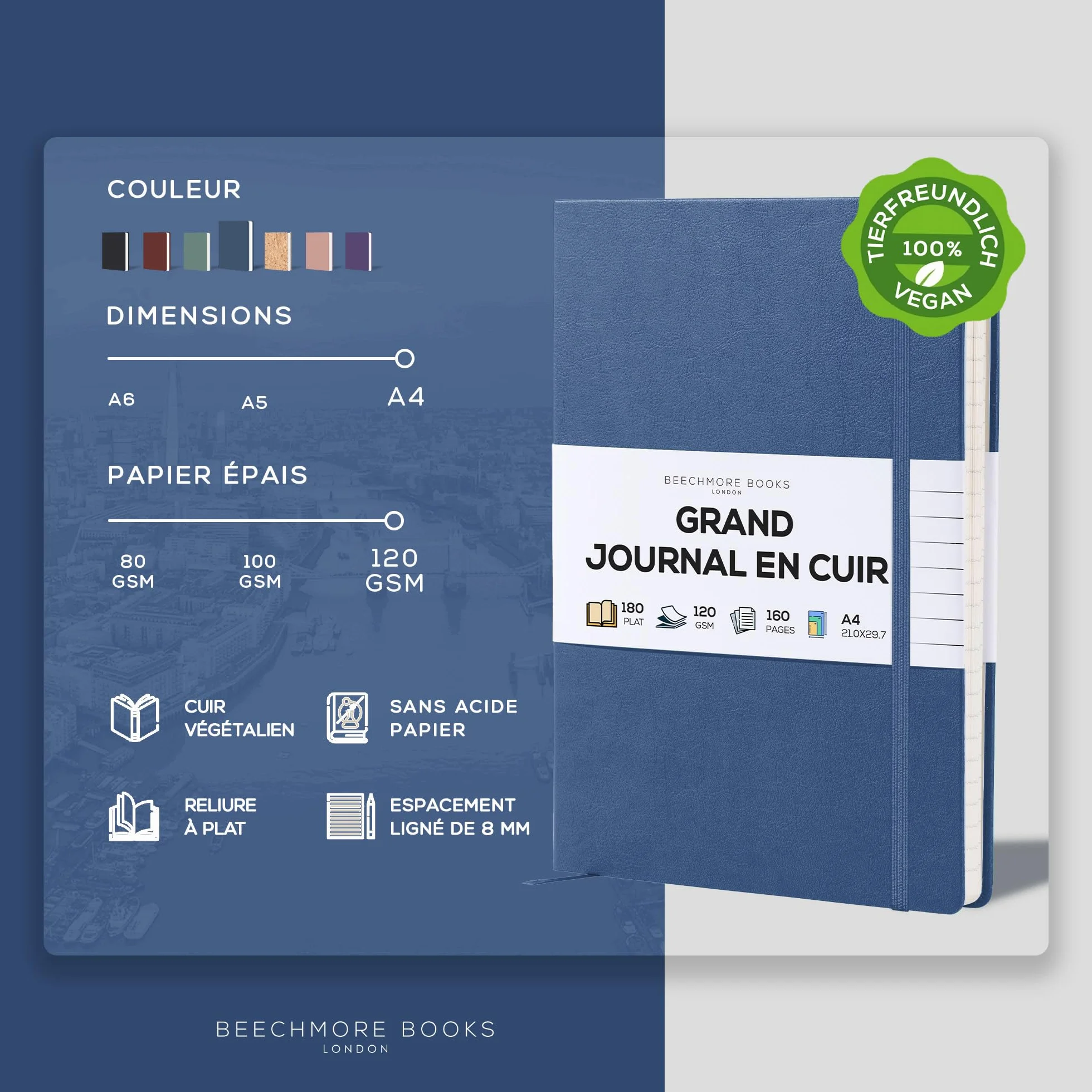 Beechmore Books Carnet de Notes Lignées XL A4 Bleu Marine Couverture Rigide Cuir Vegan Papier Ligné 120 g/m²