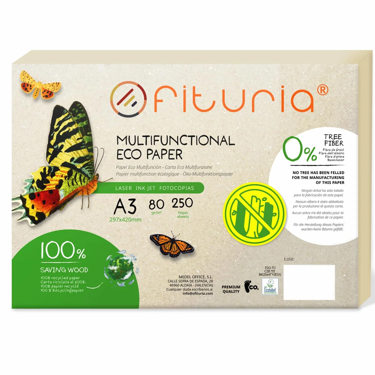 Papier Recyclé A3 80g 250 Feuilles 100% Recyclées Couleur Naturelle pour Imprimante Laser et Jet d'Encre