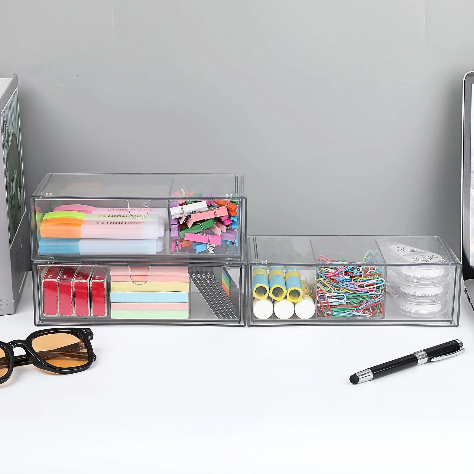 SUMTree Organisateur de tiroirs transparent plastique 3 tiroirs Boîte de rangement empilable 21x10x6cm