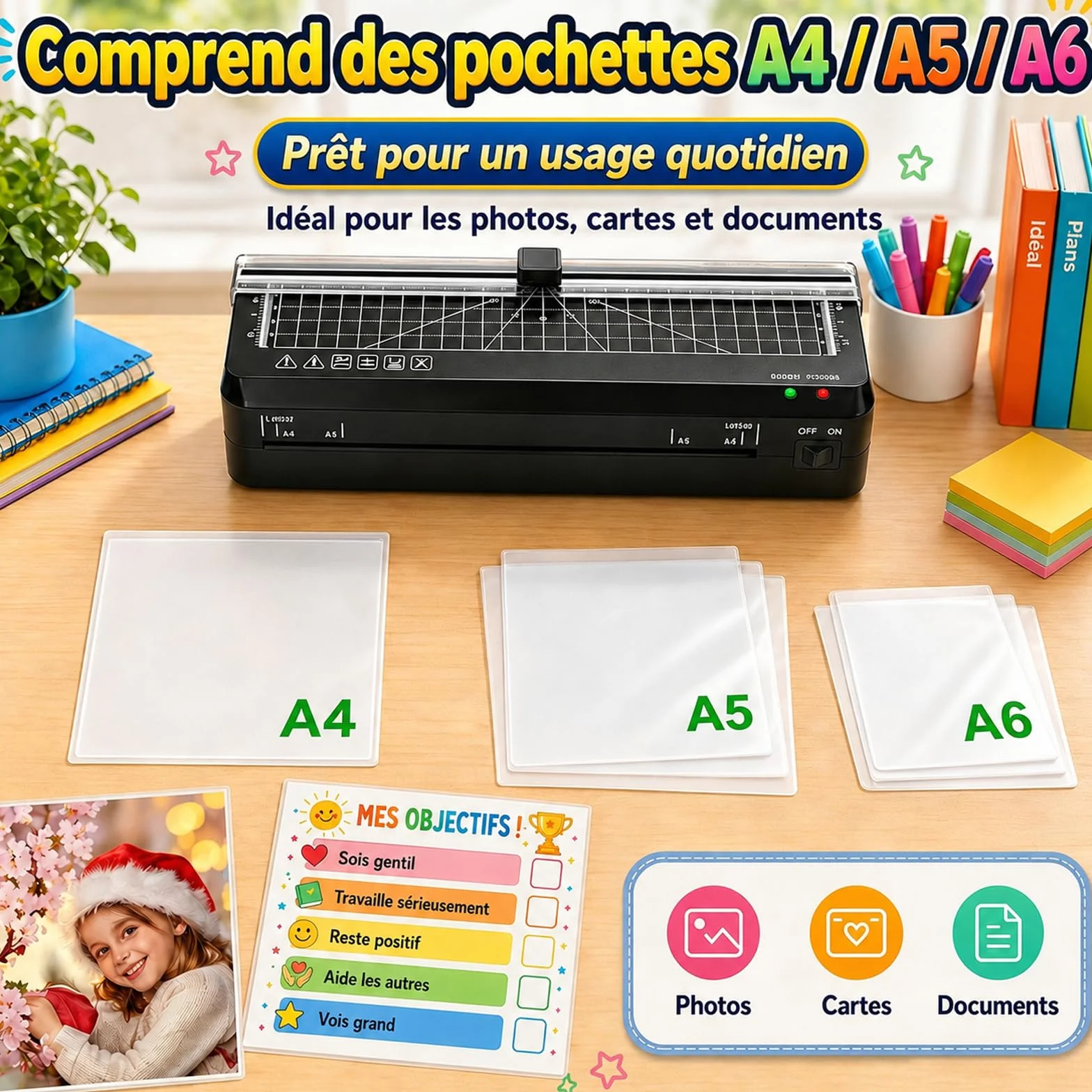 Plastifieuse thermique A4 70S réchauffement rapide coupe-papier intégré portable A5 A6 pochettes maison bureau école
