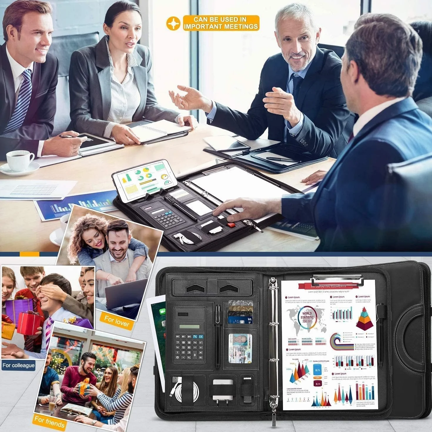 WONSEFOO Porte-documents A4 avec anneaux en cuir, grands compartiments, poignées magnétiques pliables, support tablette smartphone, 5 compartiments cartes
