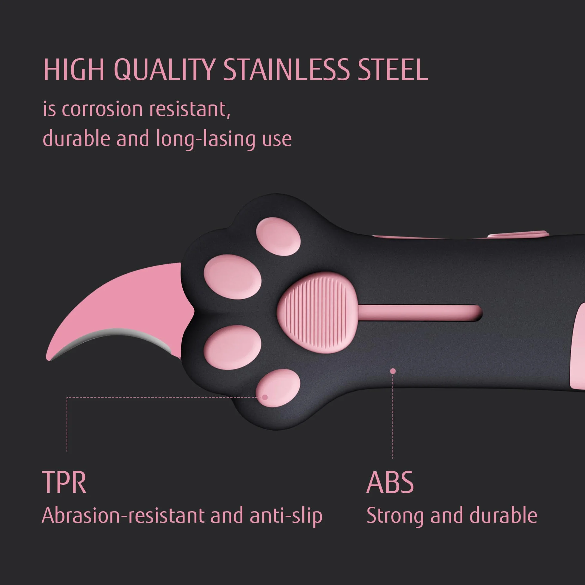 Cutter rétractable lame acier inoxydable revêtement antiadhésif poignée ergonomique patte de chat Rose Noir
