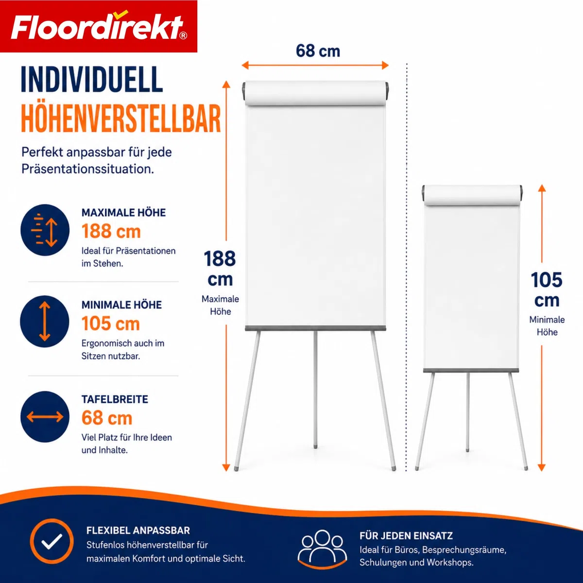 Floordirekt Tableau de conférence avec trépied, support pour bloc et bras latéraux, magnétique et inscriptible, autoportant et réglable en hauteur, tableau blanc, magnétique, avec plateau de rangement