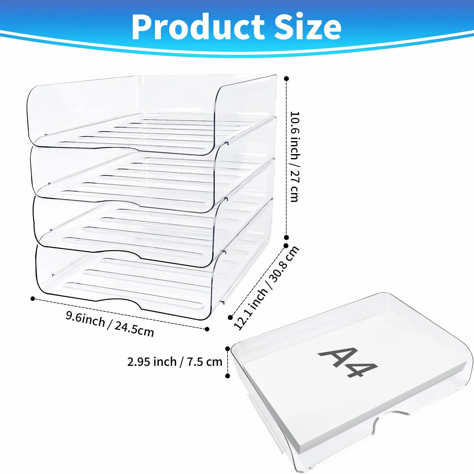 Bacs à courrier transparents empilables pour papier A4, lot de 4