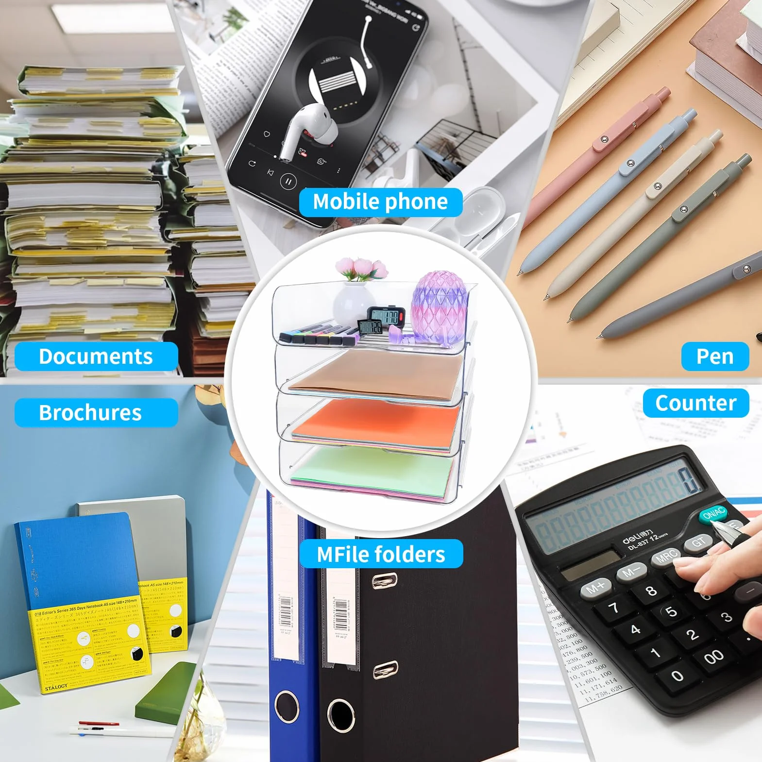 Bacs à courrier transparents empilables pour papier A4, lot de 4