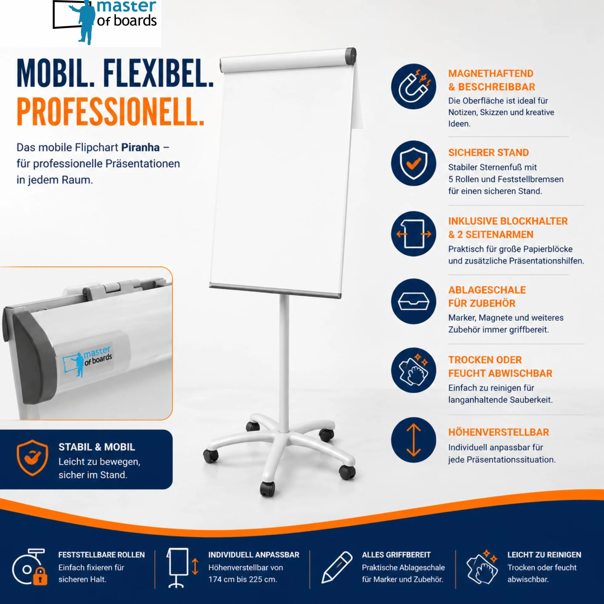 Master of Boards - Flipchart support 73 x 104 cm - Piranha Pro - Réglable hauteur jusqu'à 210 cm, inscriptible, effaçable à sec, magnétique - Équipement ideal pour le bureau, l'école ou la maison