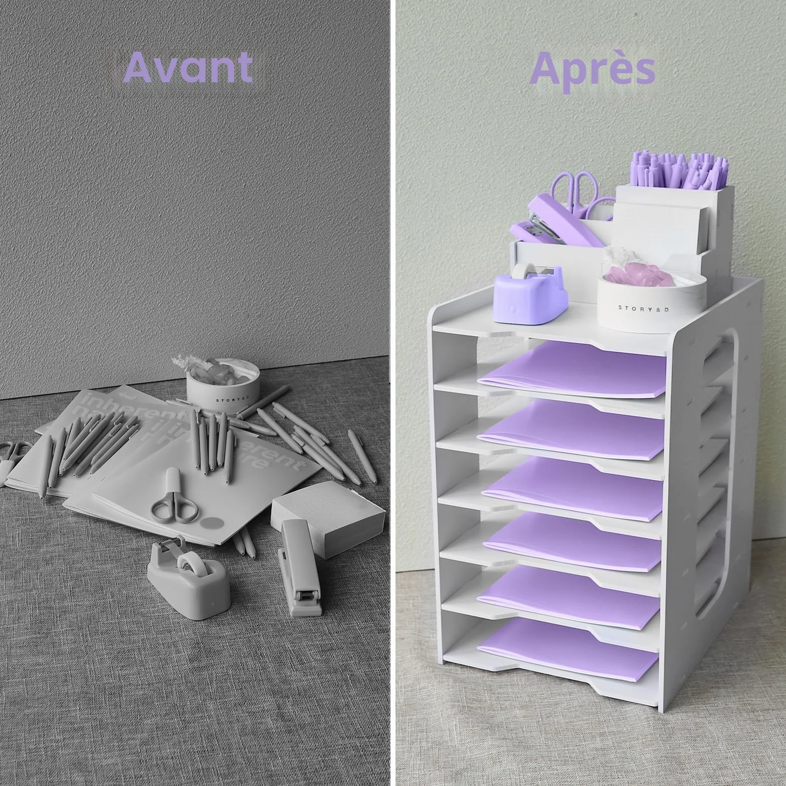 Bac à courrier A4 7 niveaux, organiseur de bureau empilable avec porte-stylo blanc