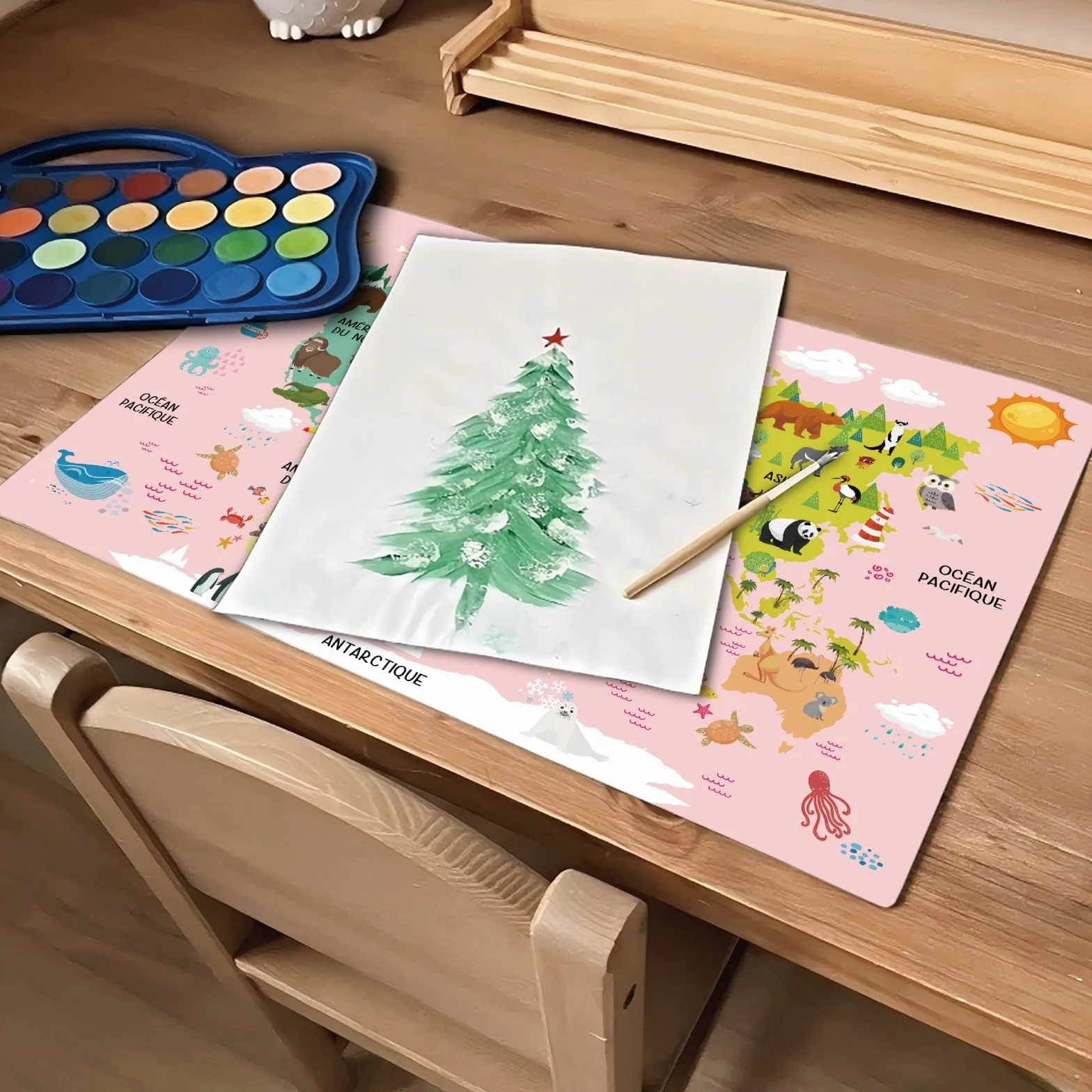 Carte du Monde Animaux Rose Français Sous-main Enfant 40x60cm Tapis Bureau Imperméable Cuir PU Double Face Effaçable