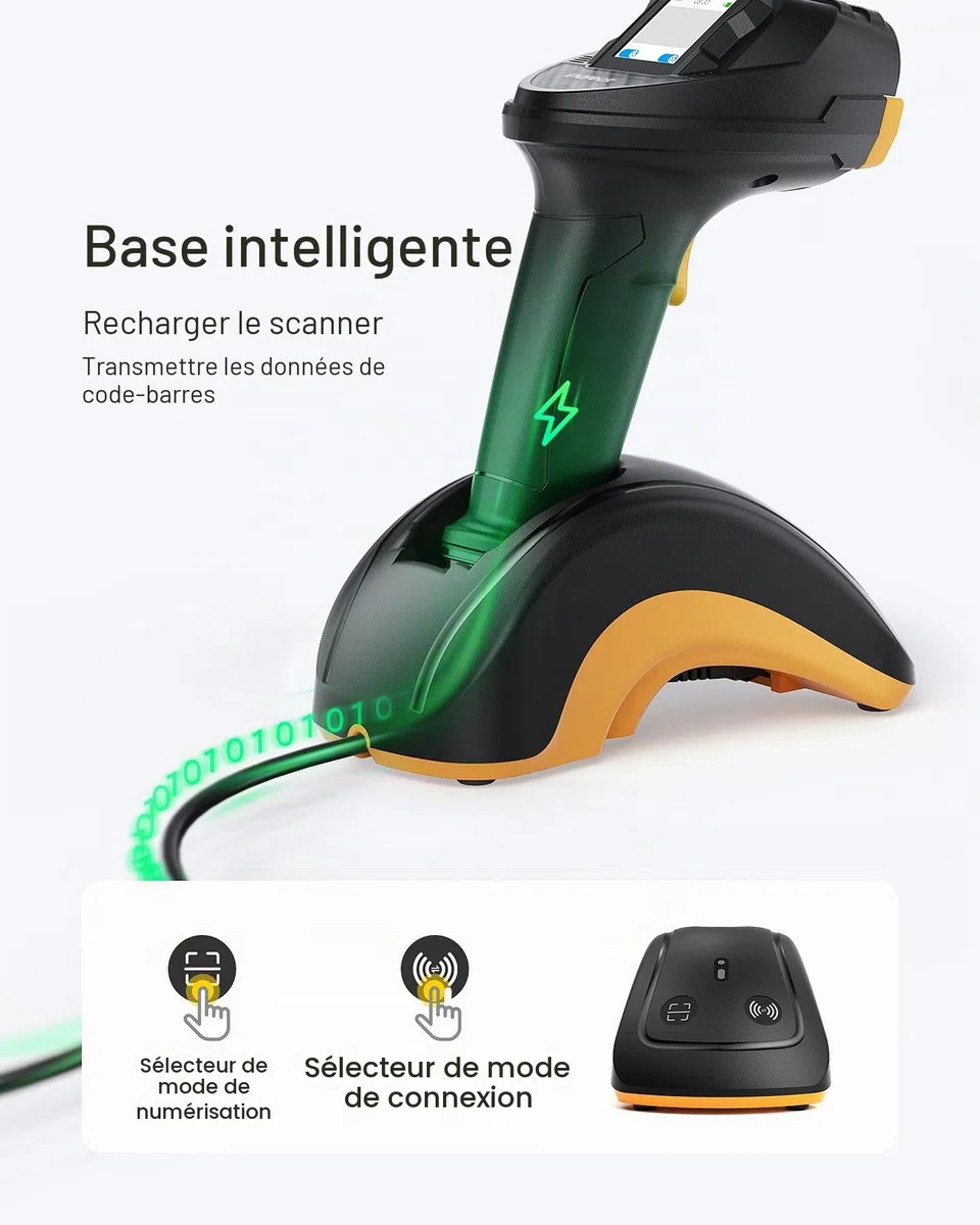 Inateck Scanner de Code-Barres Bluetooth, Scanner 2D 1D sans Fil, Scanner de Code QR, avec Écran Tactile et Base Intelligente, Modules Doubles CMOS+CCD, Supporte App SDK,Pro 8