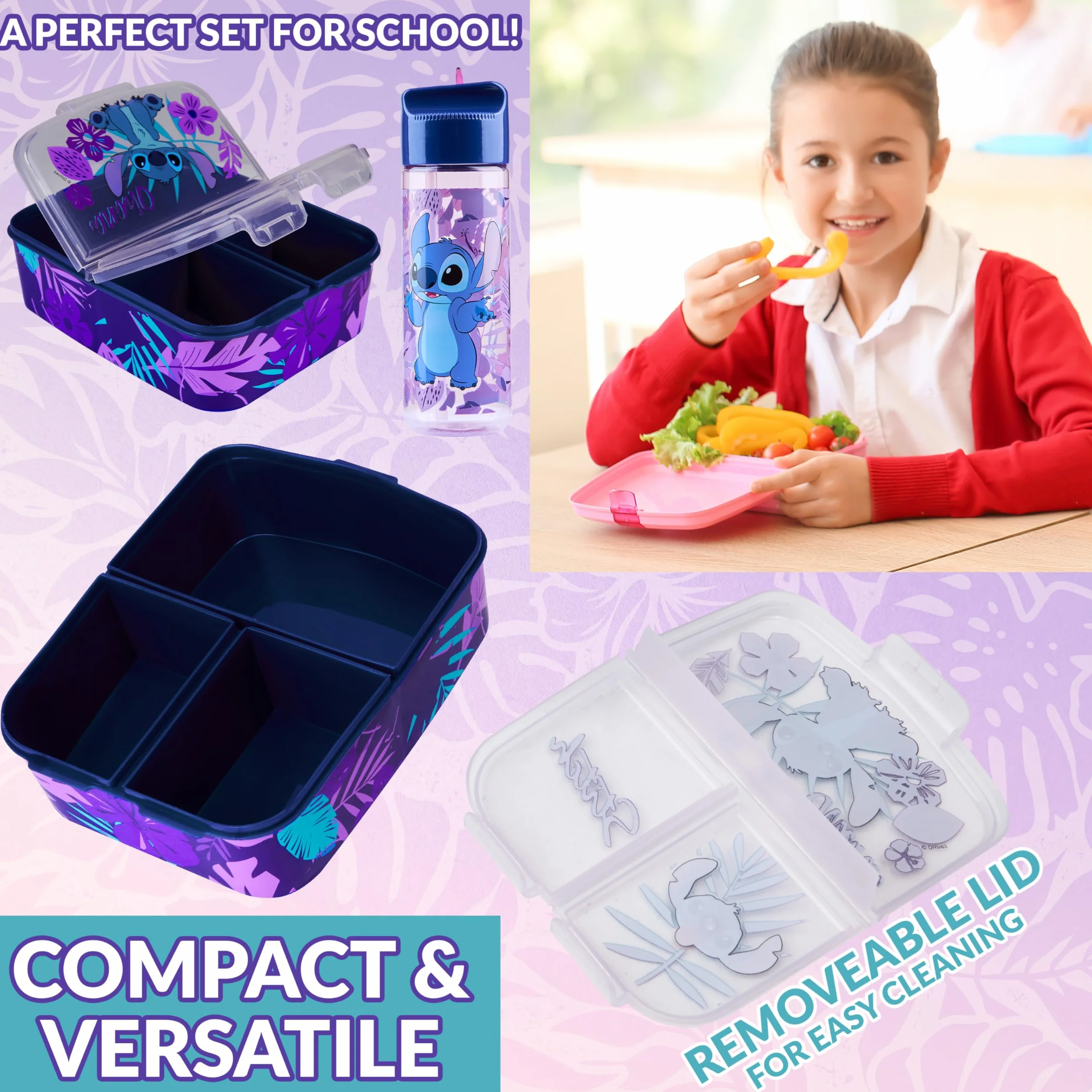 Disney Stitch Boîte à Goûter Enfant avec Compartiments et Gourde Bleu/Violet