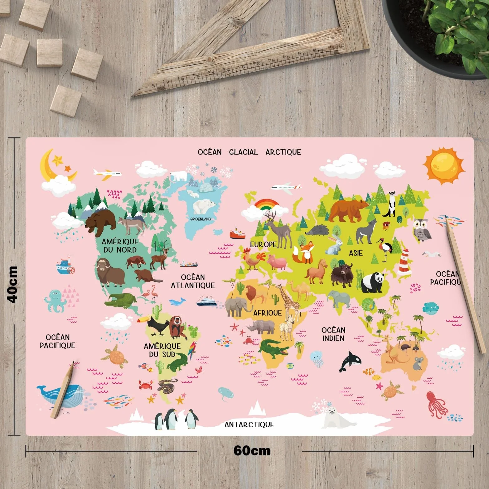 Carte du Monde Animaux Rose Français Sous-main Enfant 40x60cm Tapis Bureau Imperméable Cuir PU Double Face Effaçable