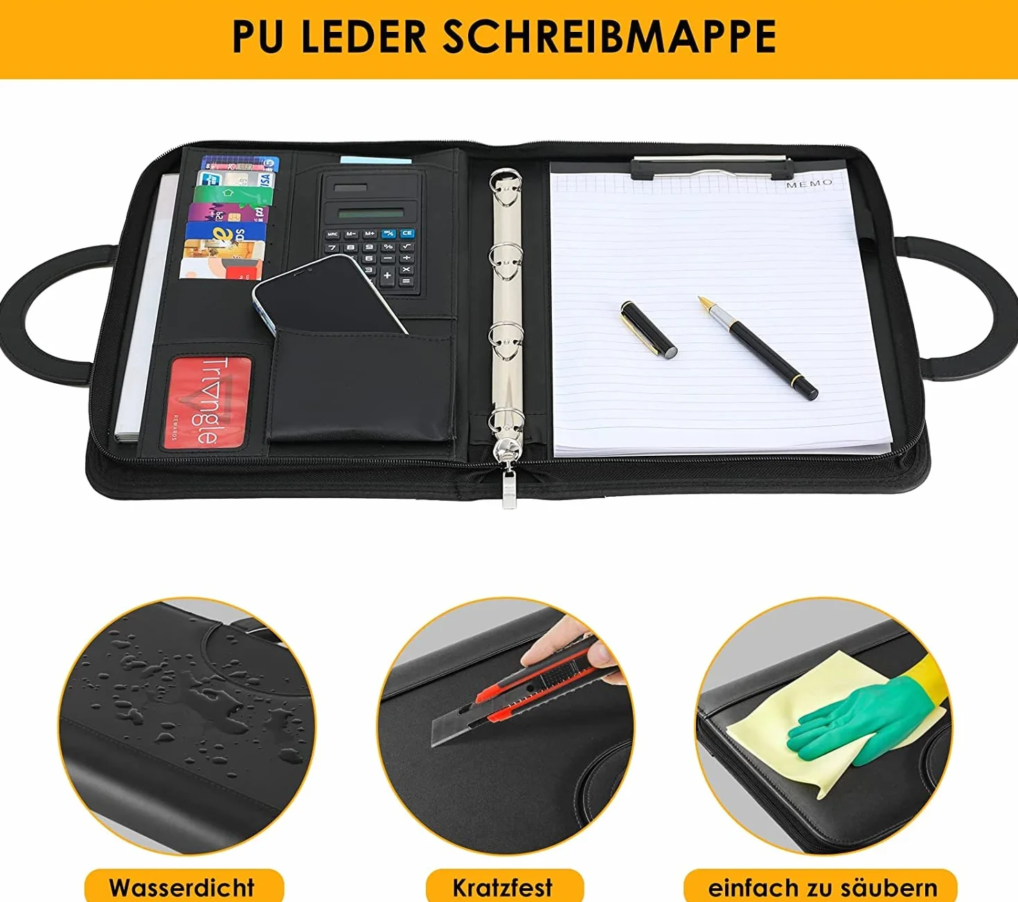 Porte-Document A4 Cuir avec Fermeture Éclair Étanche Classeur à Anneaux Noir