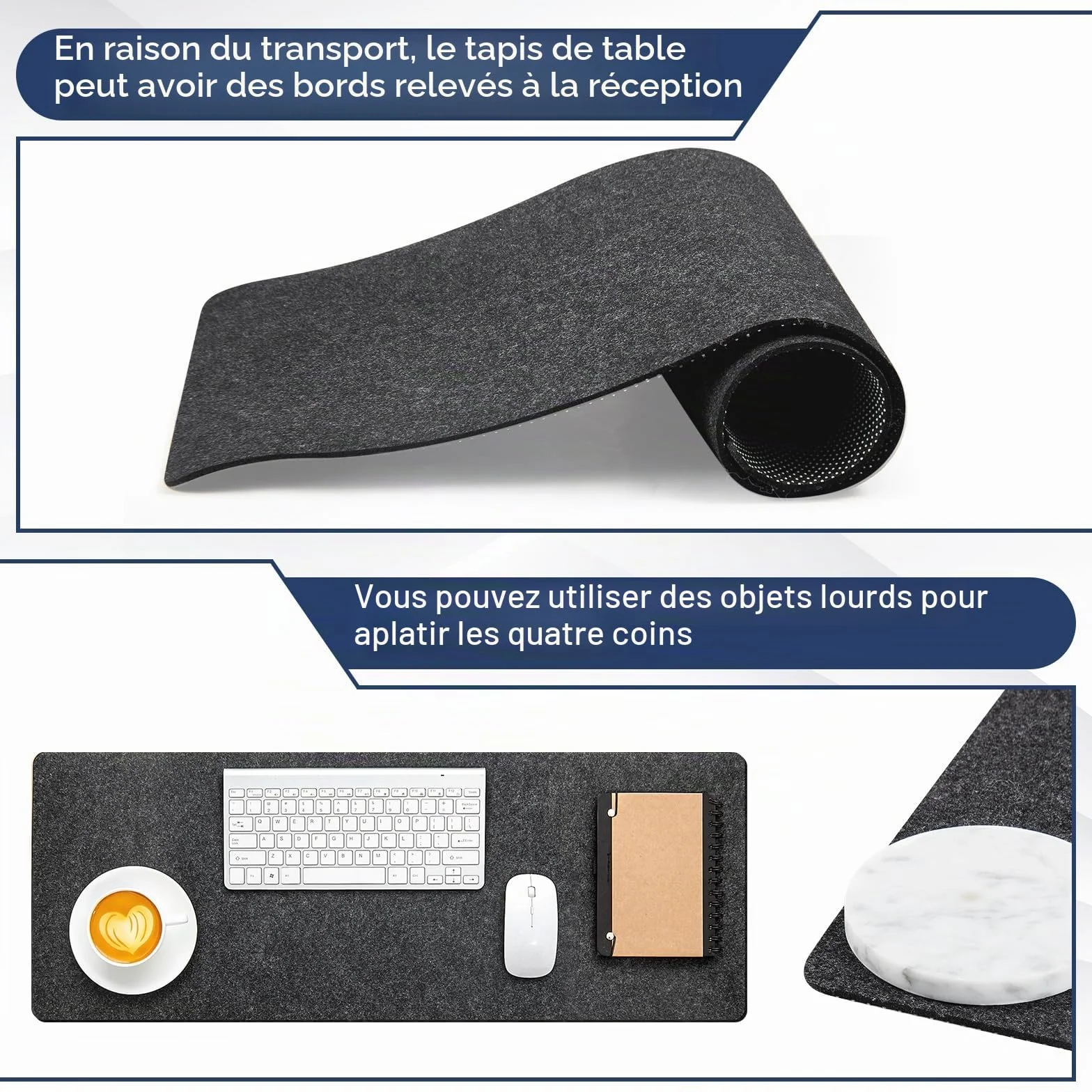 Panelee 2 Paquets 80x30 cm Grands Sous-Mains en Feutre Tapis de Bureau Antidérapants Protecteurs Ordinateur Souris Clavier Gris Foncé