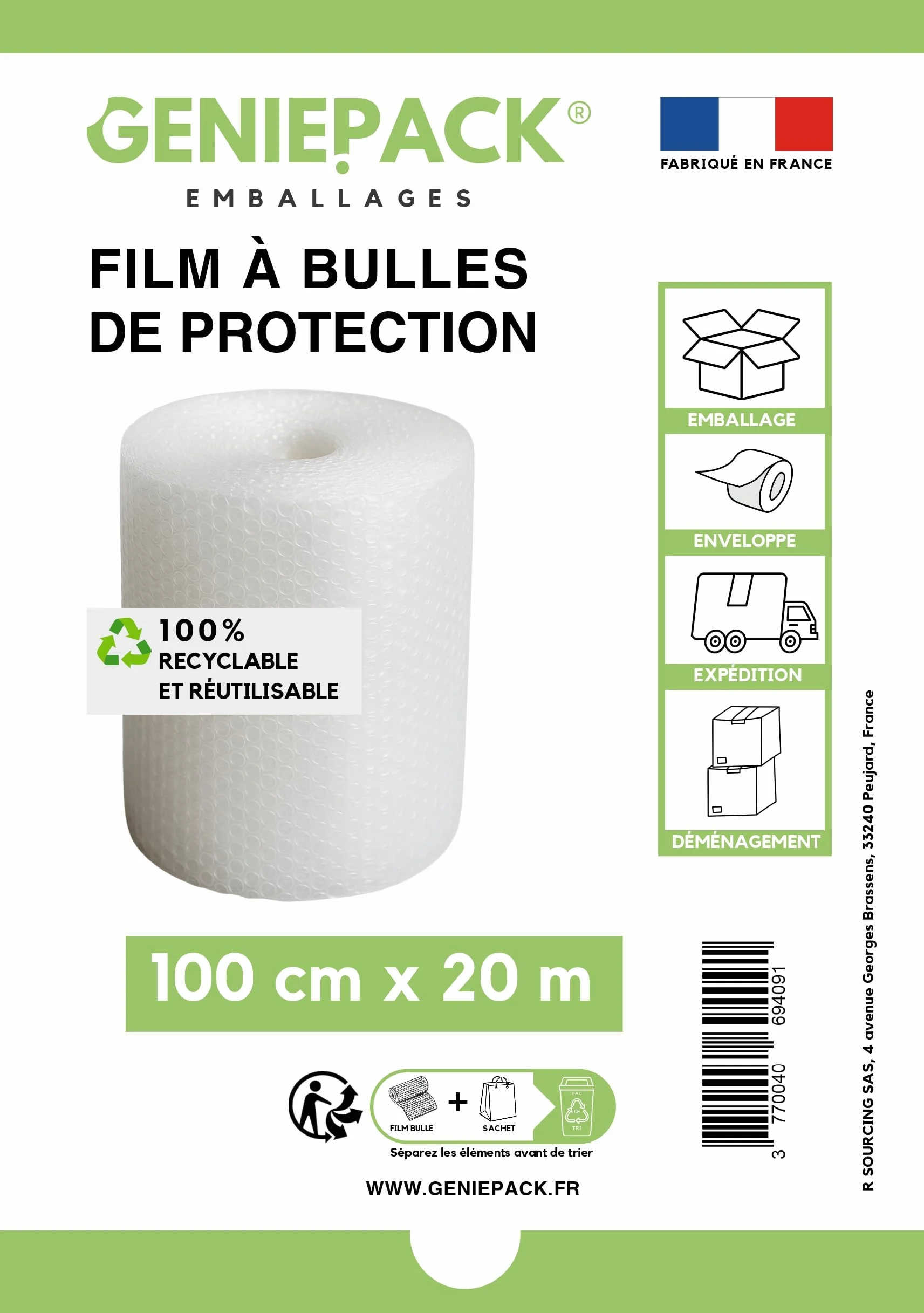 Film à Bulles Professionnel 100 cm x 20 m 60 Microns Bulles 10mm Protection Emballage Antichoc