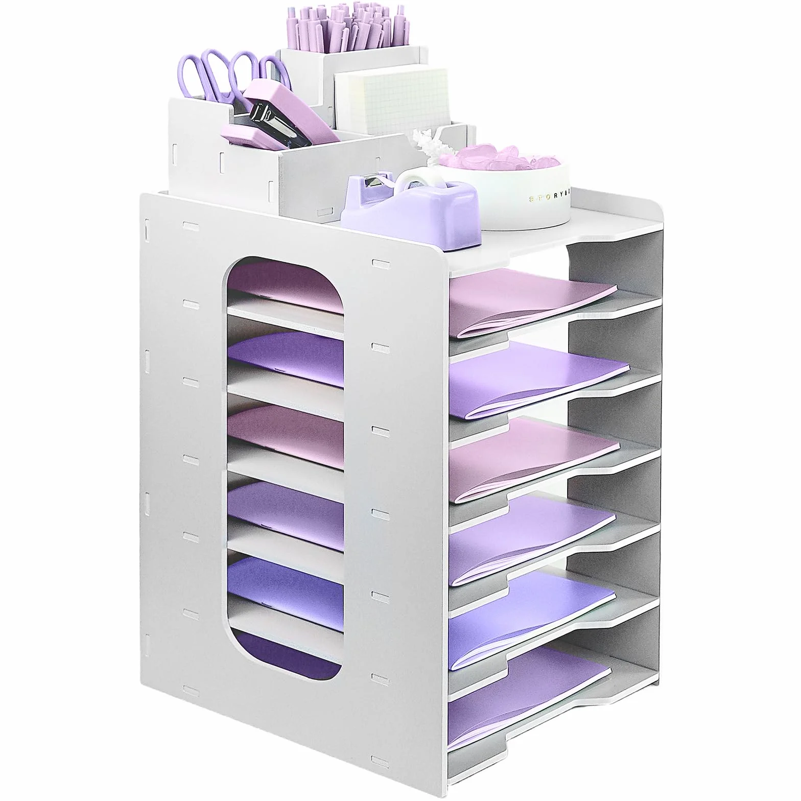 Bac à courrier A4 7 niveaux, organiseur de bureau empilable avec porte-stylo blanc