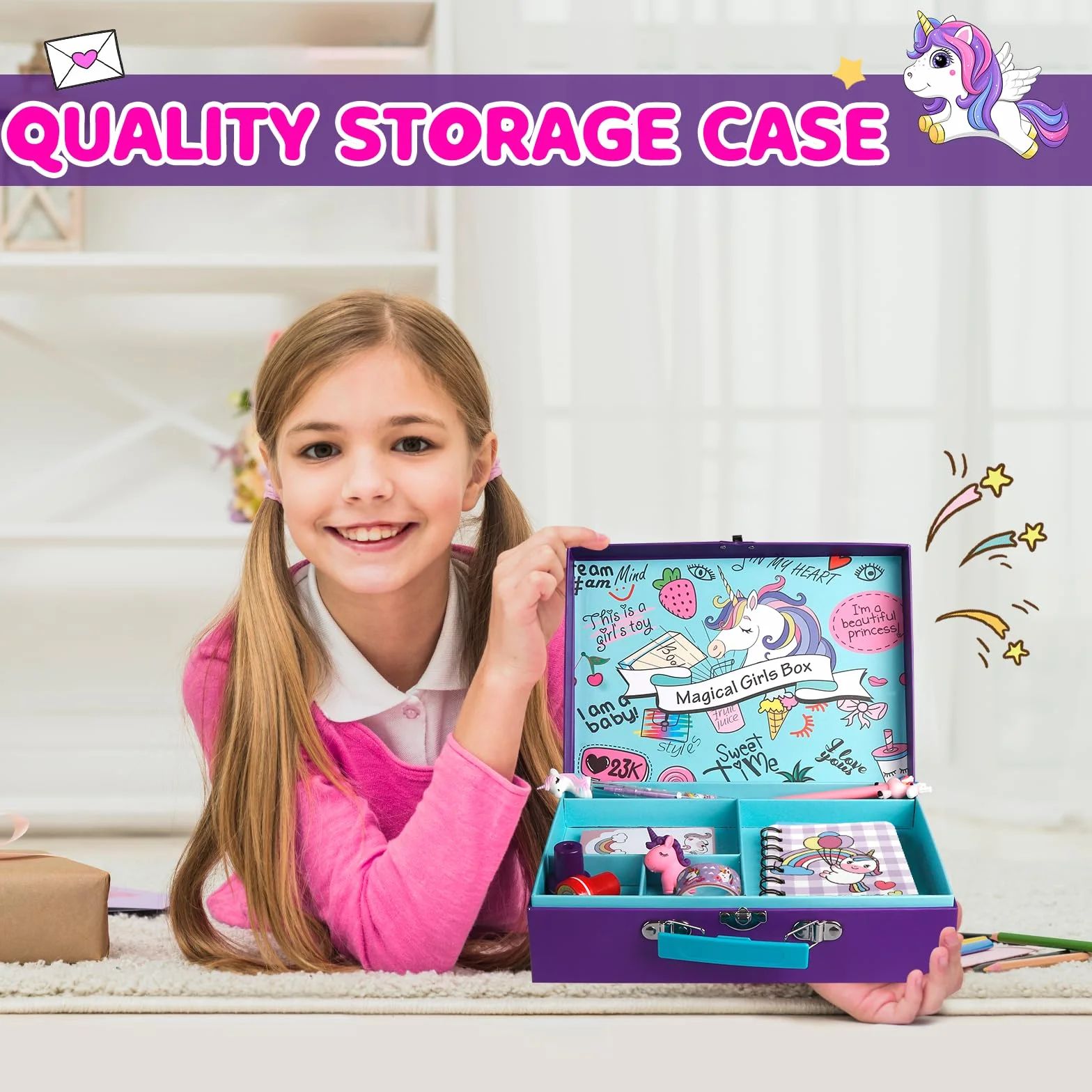 Ensemble de papeterie Unicorn Journal 49 pièces avec étui de rangement pour filles 6-12 ans