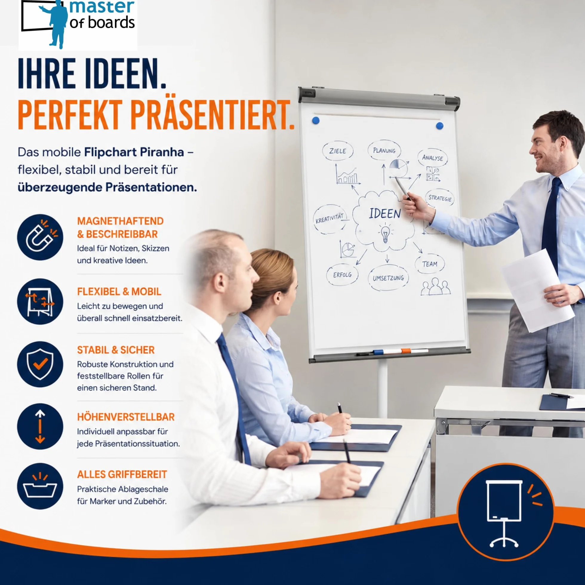 Master of Boards - Flipchart support 73 x 104 cm - Piranha Pro - Réglable hauteur jusqu'à 210 cm, inscriptible, effaçable à sec, magnétique - Équipement ideal pour le bureau, l'école ou la maison