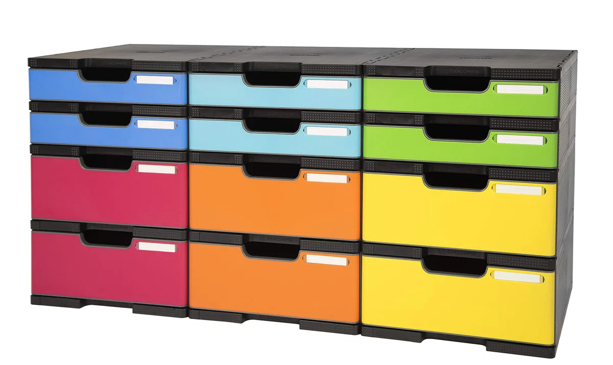 Exacompta - Réf. 385714TIRD - Set de 12 cases avec tiroirs : 6 cases haut. 5,6cm + 6 cases haut. 11 cm - Système de tri MODULODOC - Dimensions : 86,4 x 35,4 x 42,2 cm - Arlequin