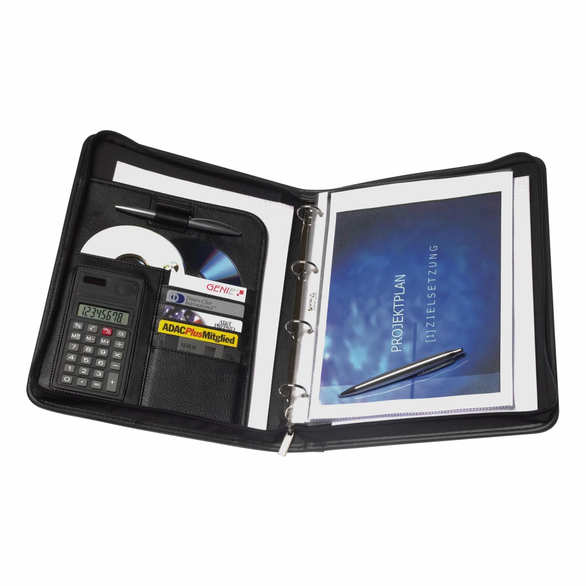 Genie Porte-documents A4 avec classeur et calculatrice intégrés, plastique résistant aspect cuir, Noir