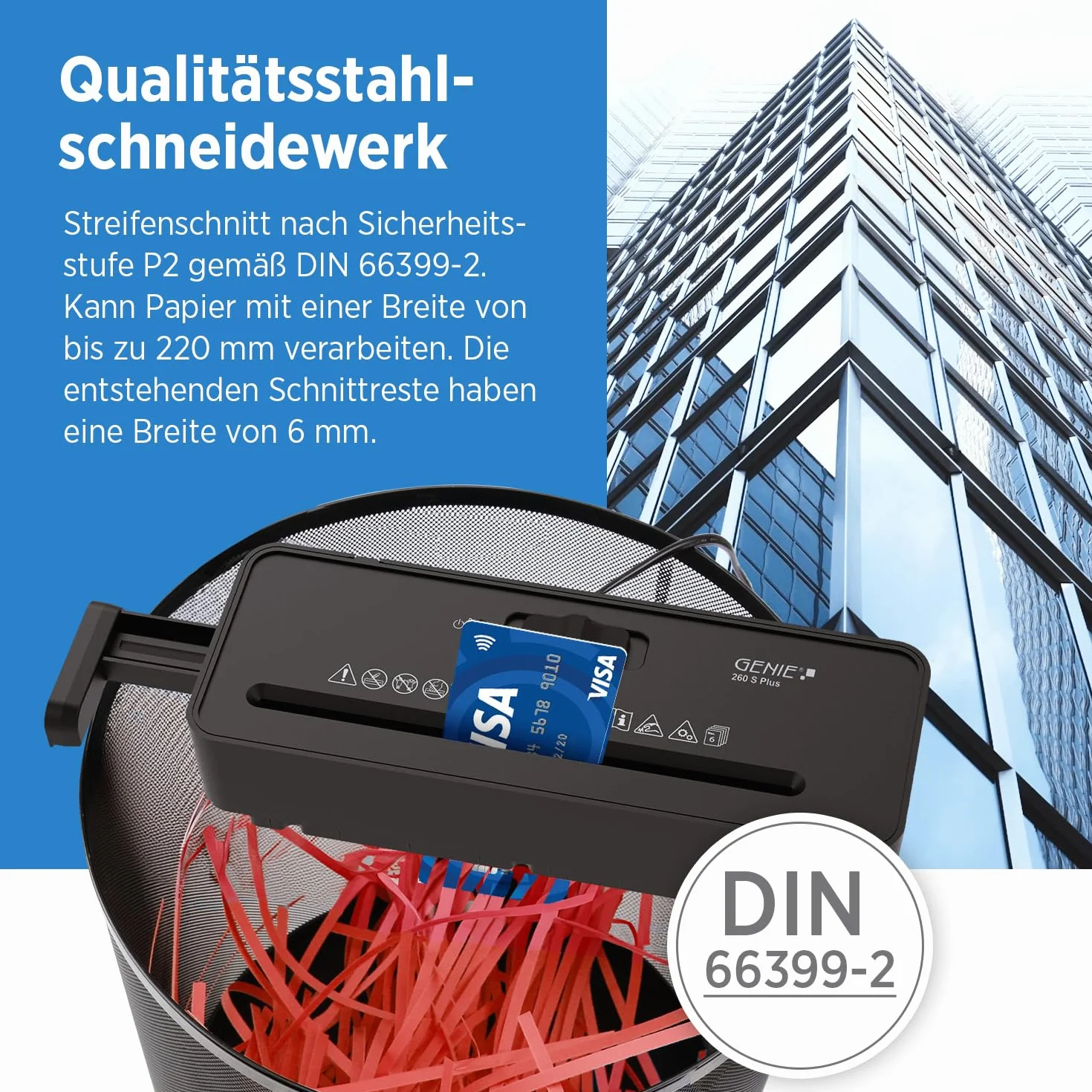 Genie 260 S Plus Destructeur de Documents Papier Coupe en Bandes 6 mm Compact