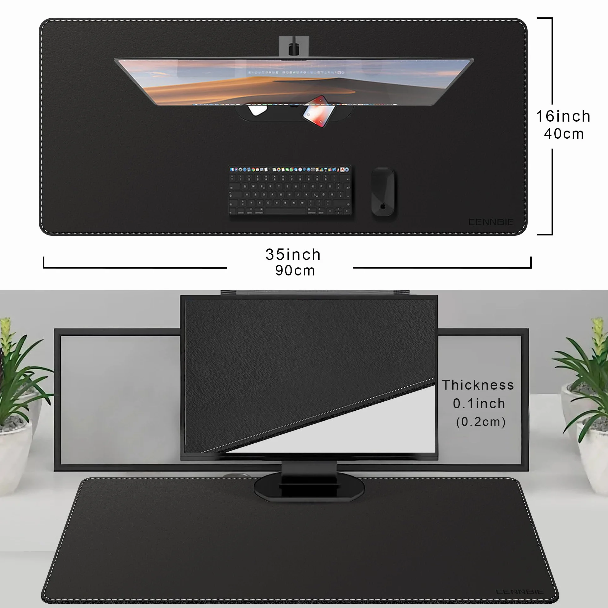 Sous-mains Bureau 90x40cm Cuir Synthétique Imperméable Anti-Dérapant Protection Table Noir