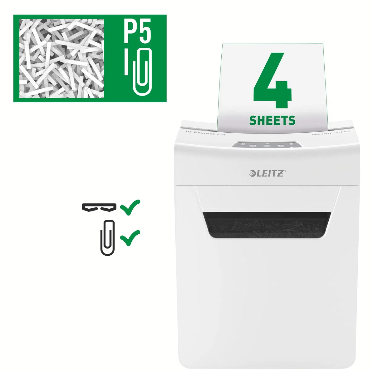 Leitz Déchiqueteuse de papier IQ 4M Premium P5 pour bureau et maison, microcut, 4 feuilles, poubelle 14 l, très silencieuse/compacte, série Protect, blanche, 80940000, 1 unité