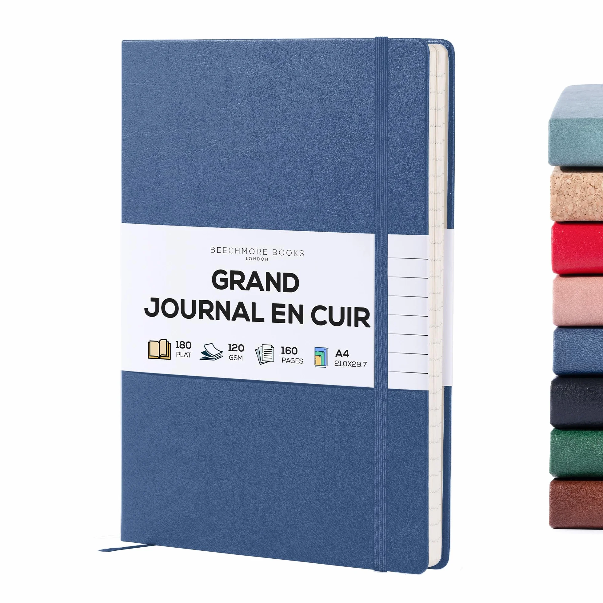 Beechmore Books Carnet de Notes Lignées XL A4 Bleu Marine Couverture Rigide Cuir Vegan Papier Ligné 120 g/m²