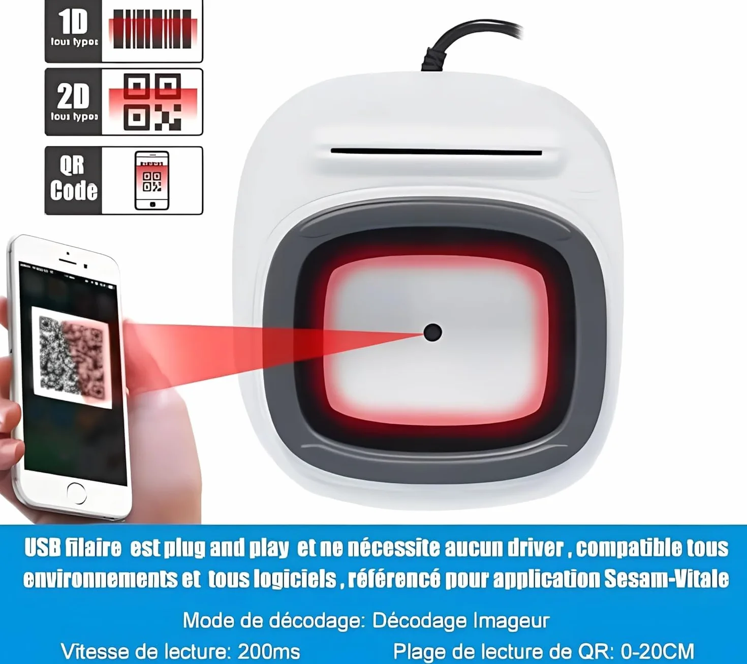 Lecteur SESAM Vitale DC300 Mono-Fente 3-en-1 – QR Code, NFC & Carte Vitale – sans Lecteur CPS – Plug & Play – Compatible PC/SC - Câble USB A – Santé pour Professionnels - Version Windows