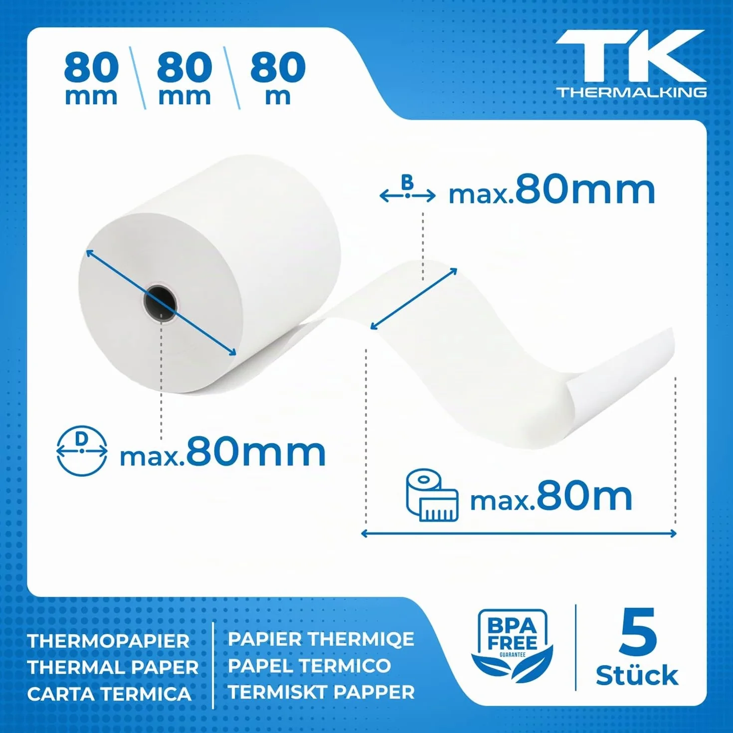 Rouleau Thermique 80x80x12 Sans BPA Bobine Thermique 80x80 pour Imprimante 80mm x 80m x 12mm 5x