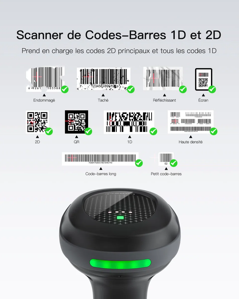 Inateck Lecteur Code Barre sans Fil 2D QR avec Deux Batteries Remplaçables de 2000 mAh, PDF 417 Douchette Code Barre avec Base de Charge, Bluetooth et Filaire USB, pour l'entreposage et la logistique