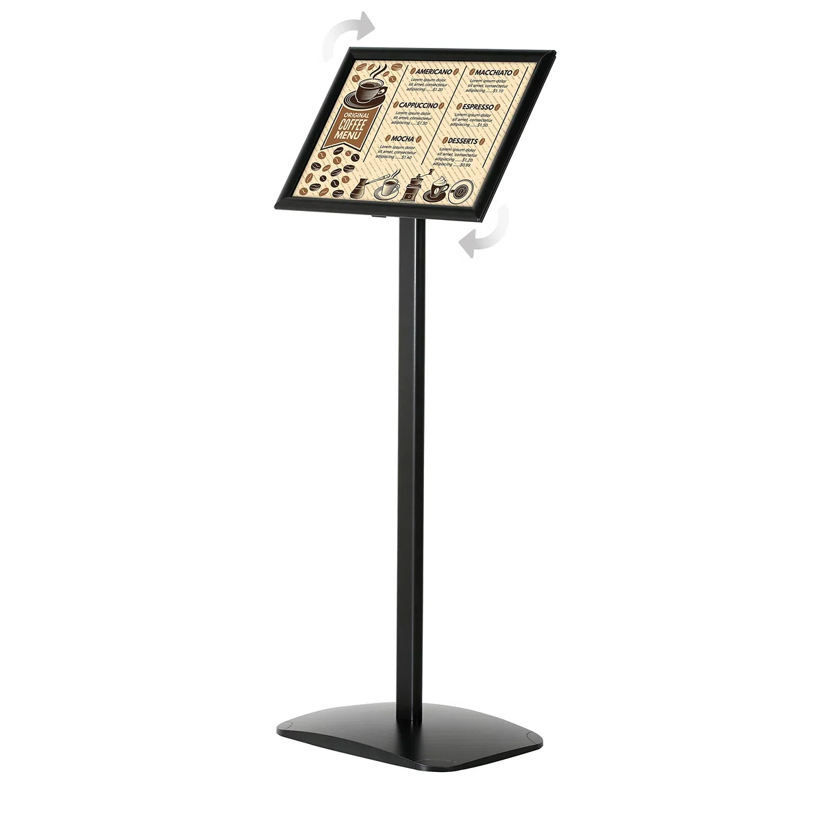 Porte affiche sur pied A4 noir avec clipses | Présentoir A4 inclinable verticalement et horizontalement | Idéal pour menus de restaurants, affiches et expositions
