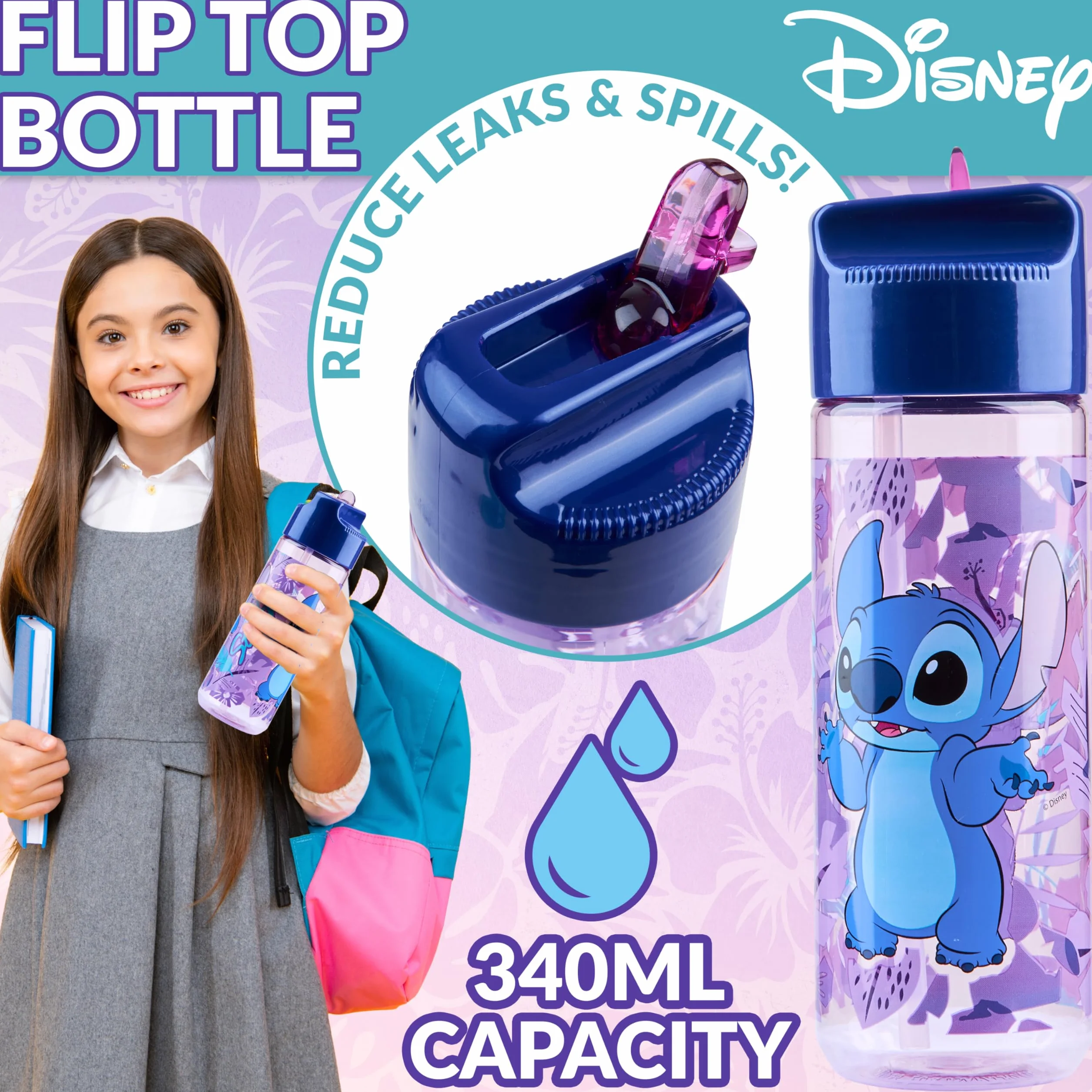 Disney Stitch Boîte à Goûter Enfant avec Compartiments et Gourde Bleu/Violet