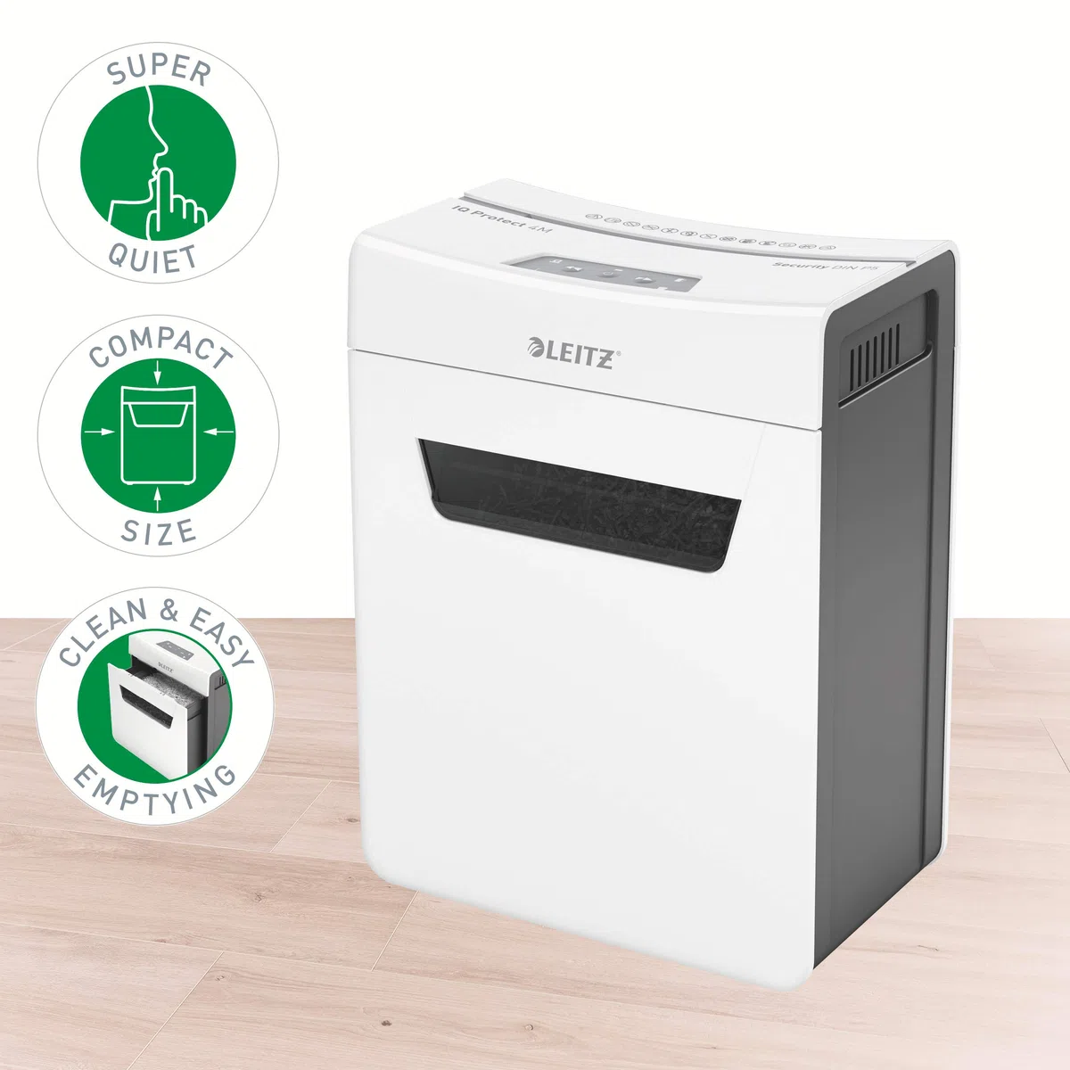 Leitz Déchiqueteuse de papier IQ 4M Premium P5 pour bureau et maison, microcut, 4 feuilles, poubelle 14 l, très silencieuse/compacte, série Protect, blanche, 80940000, 1 unité